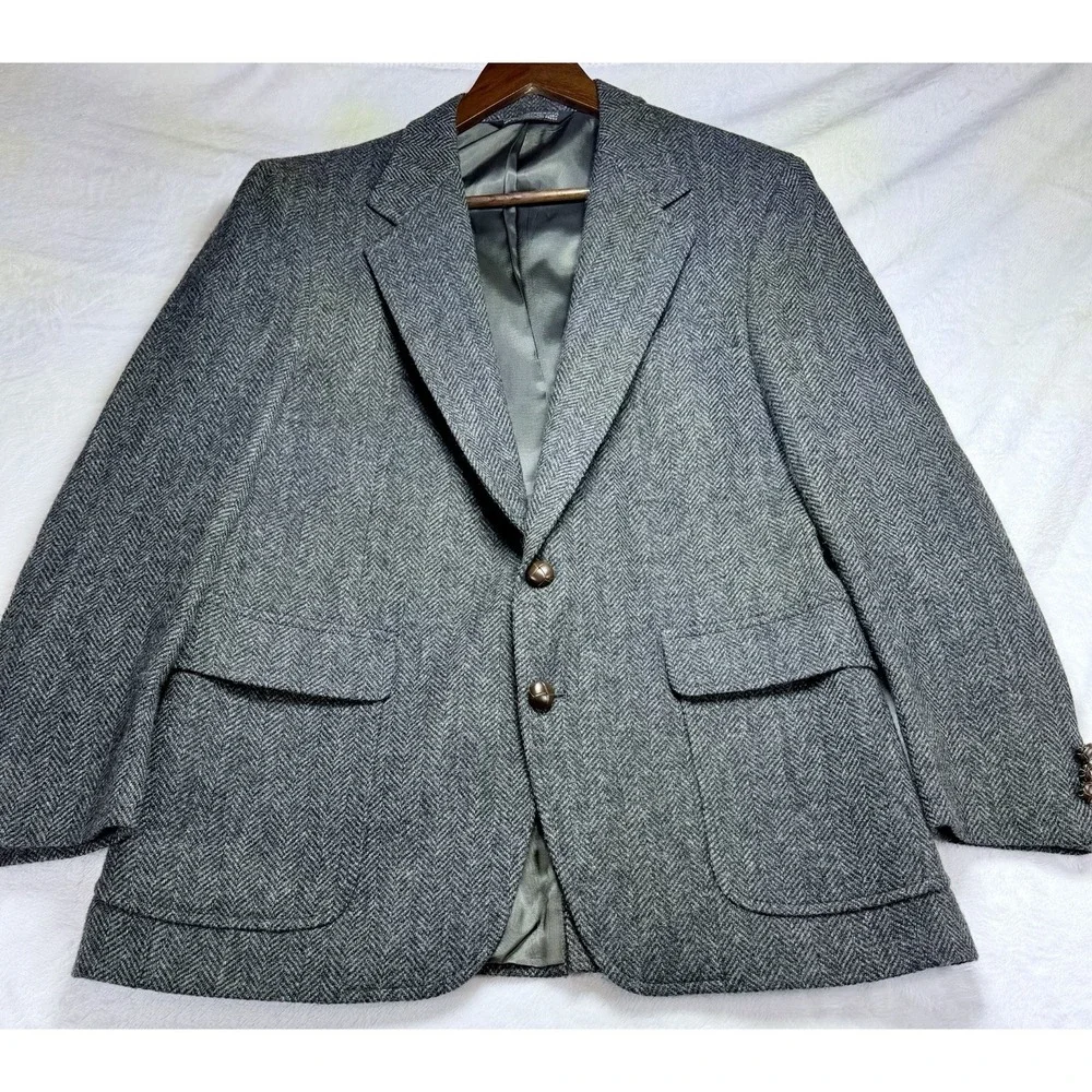 VTG 80s Christian Brooks 40R Herringbone Sport Coat Gray Wool Blazer Made in USA